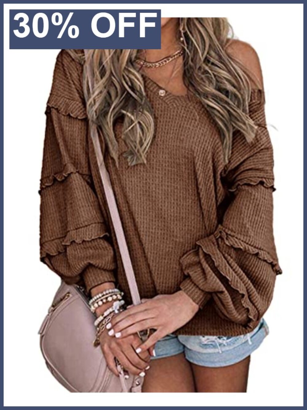 Boho Long Sleeve Waffle Knit V Neck Ruffle Blouse Top